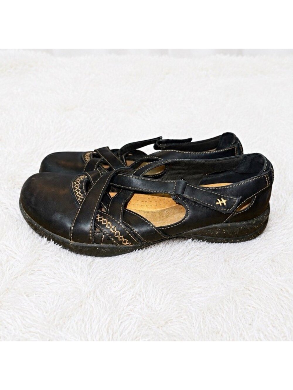 Clarks Women's Black Leather Mary Jane Flats US 8 D Hook & Loop Comfort